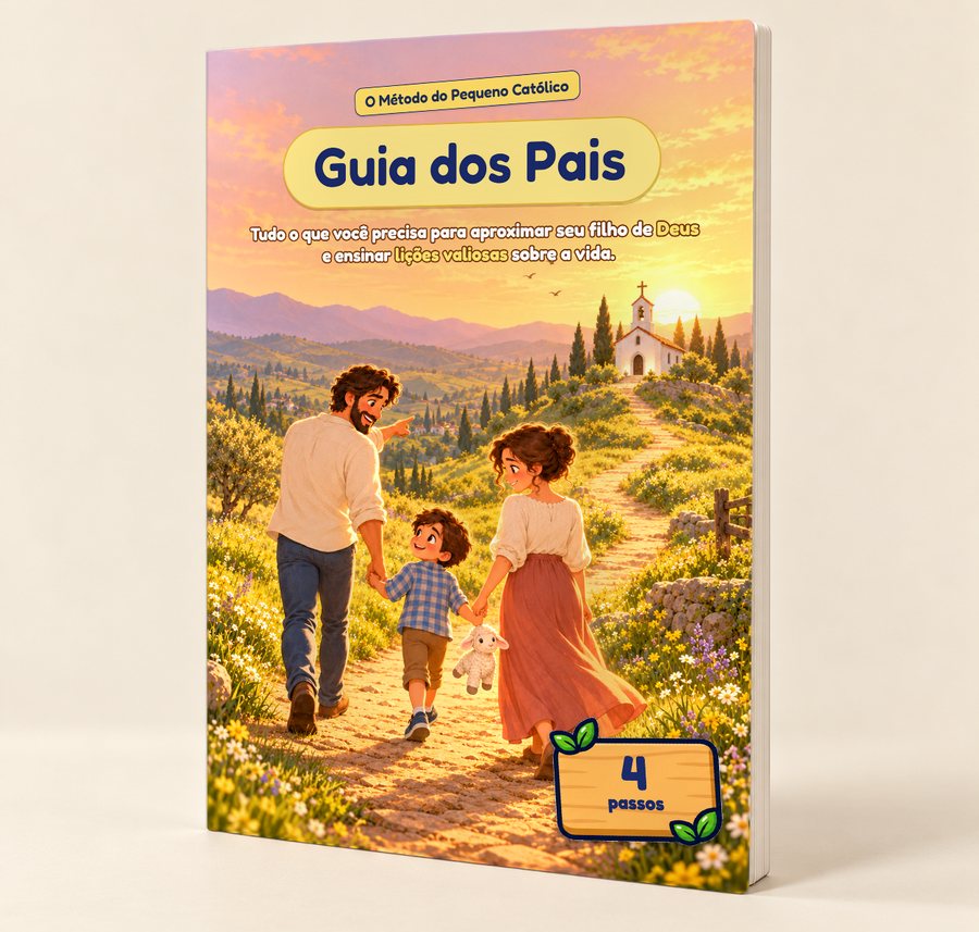 Livreto Guia dos Pais impresso, em pé: pai, mãe e filho de mãos dadas num caminho até uma igreja